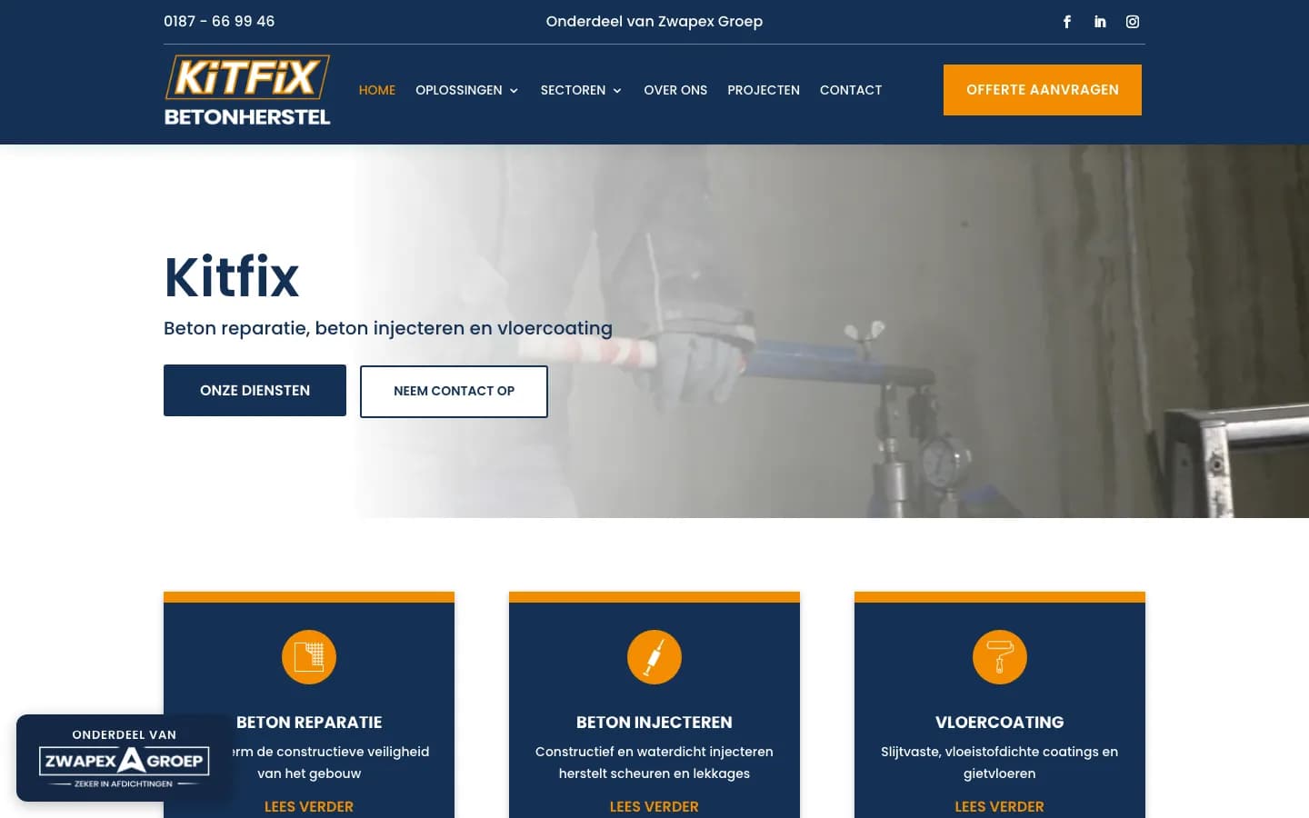 De nieuwe Kitfix-site in de maak, met donkerblauwe header, oranje accent en Onderdeel van Zwapex Groep